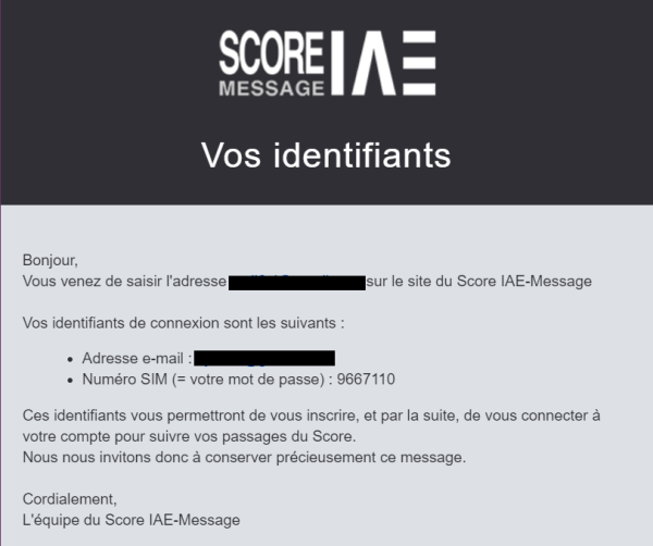 Confirmation inscription Score IAE Message